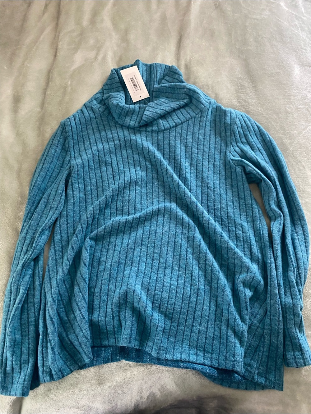 Ribbed Teal Turtleneck Sweater - Women's Cowl Neck